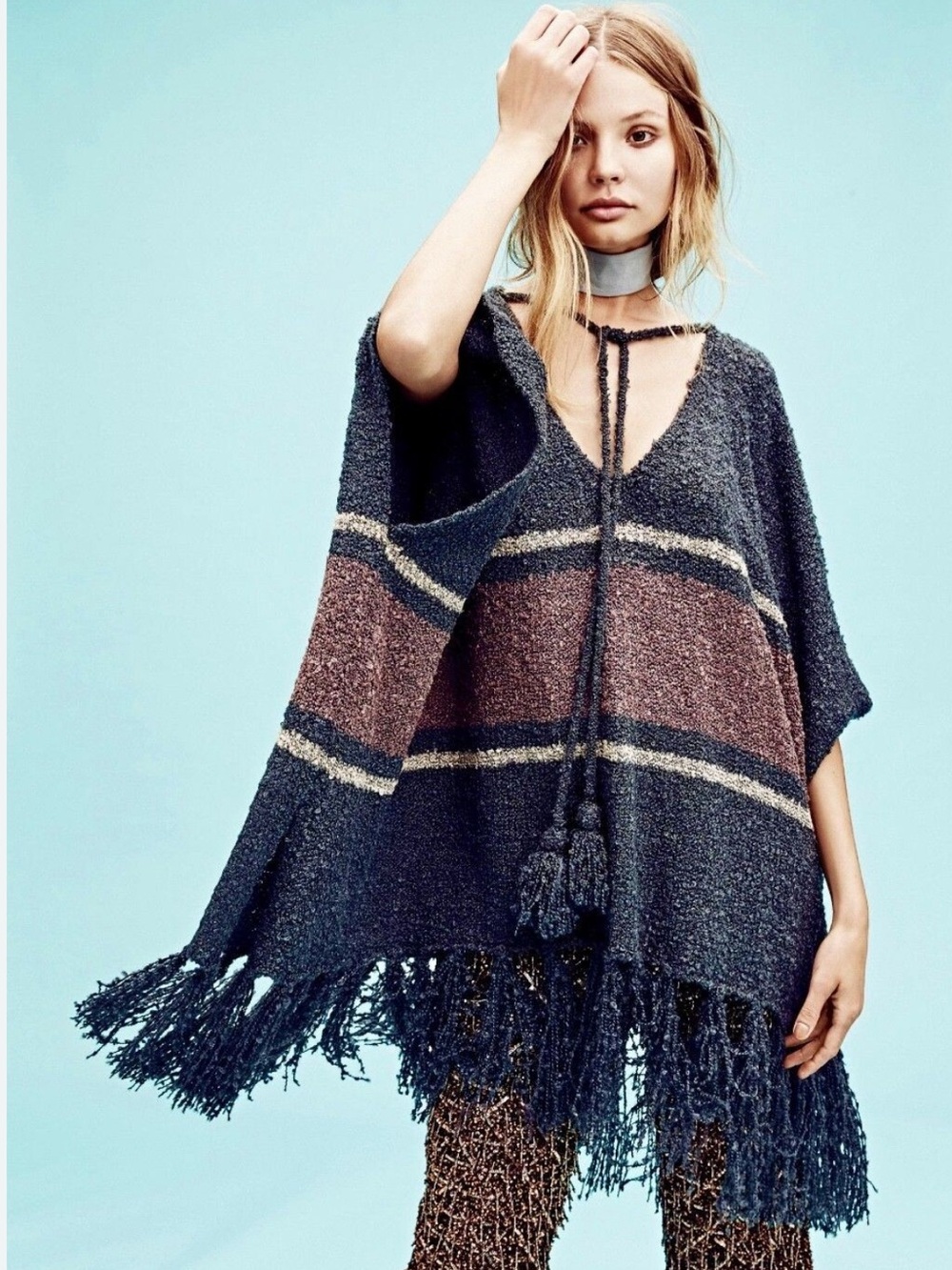 Striped Fringe Poncho Sweater in Gray, Blue And brown